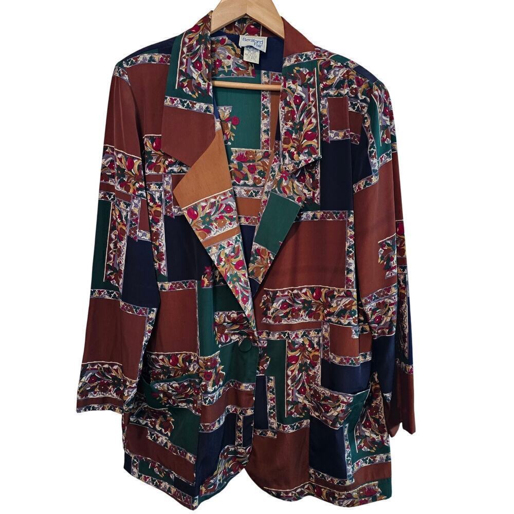 Vintage Blazer Womens Size 16 Brown 80s Abstract Patchwork Silky Golden Girls